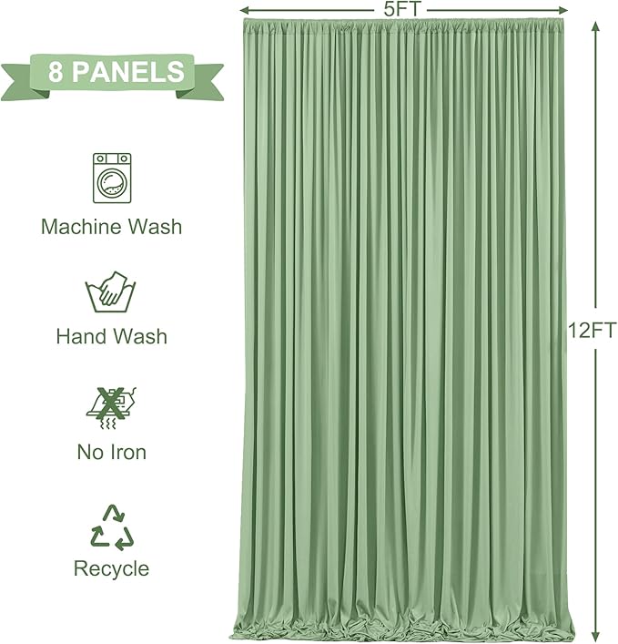 40ft x 12ft Sage Green Backdrop Curtains Wrinkle Free Backdrop Curtain for Wedding Parties Green Fabric Backdrops Drapes Back Drop Cloth Bridal Shower Stage Curtains Wedding Decorations for Reception