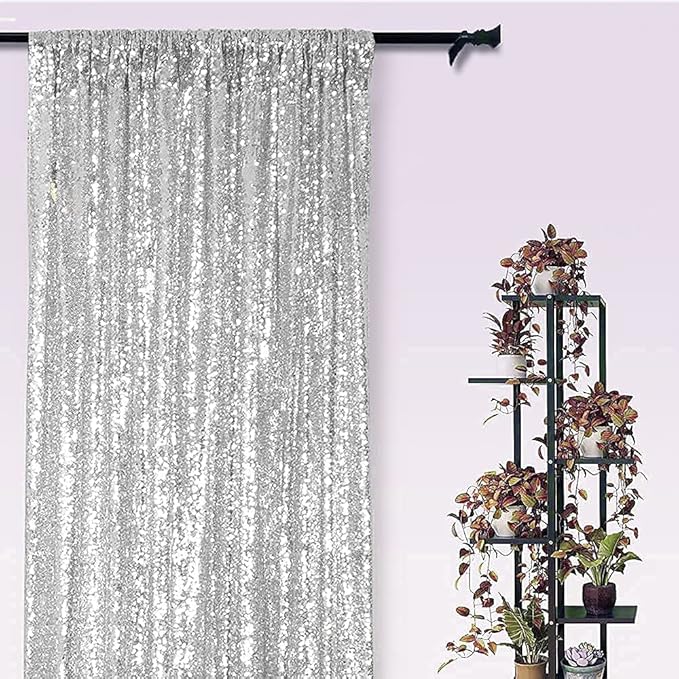 Silver Sequin Backdrop Curtains 4 Panels 2FTx8FT Wedding Photo Backdrop Glitter Birthday Bridal Party Curtains Sparkle Background Party Decor Curtains