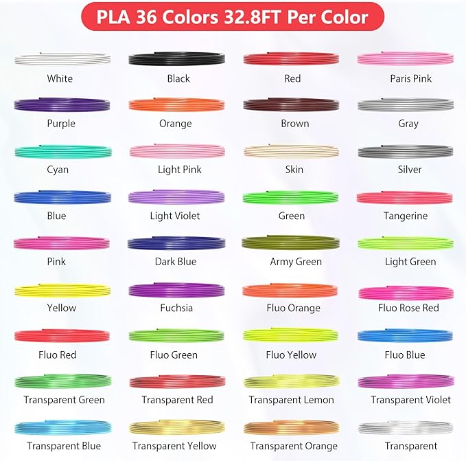 36 Colors 3D Pen Filament 1.75mm PLA, Each Color 32.8 Feet, Total 1181 Feet 3D Pen Filament Refills 3D Printing Pen Refills with High-Precision Diameter Not Compatible with 3Doodler Pen