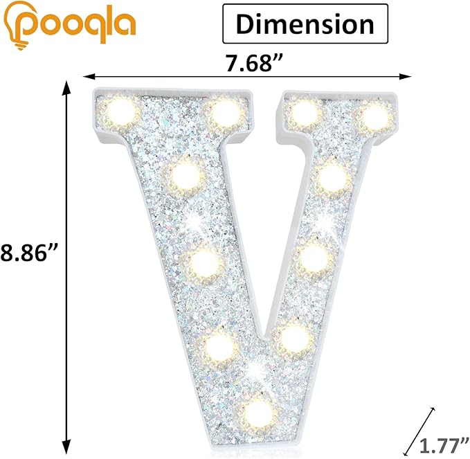 Pooqla Light Up Letters, LED Marquee Letters for Silver Birthday Decorations, Battery Powered Night Light Teenager Girl Room Decor, Gift for Girls Boys Wedding Bedroom Christmas Party Decor, Letter V