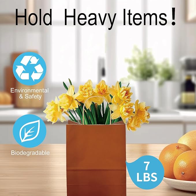 BAG BOX 50 Pack Small 5.9x3.1x8.25 Inch Orange Kraft Paper Gift Bags with Handles for Bulk Shopping, Retail, Craft, Party Favors, Wedding, Grocery & Sacks