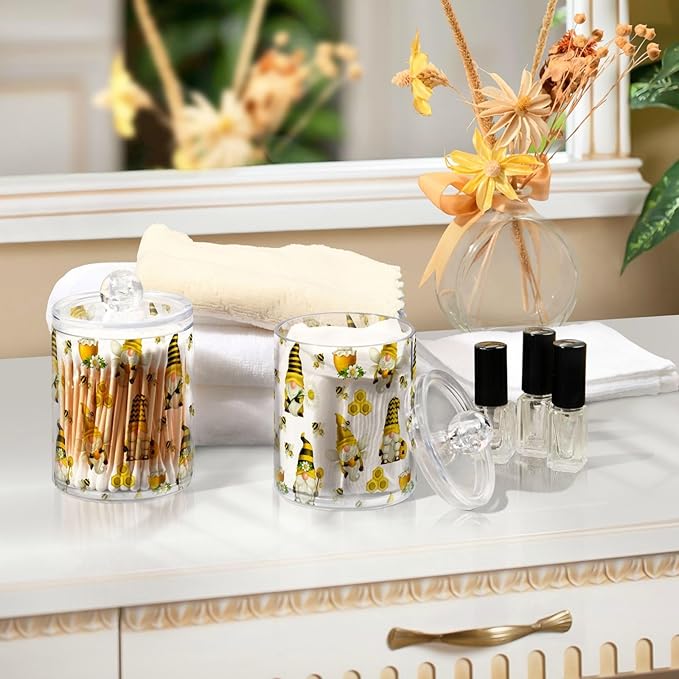 Qtip Holder Dispenser 2 Pack Gnome Bees Flying Dwarf Daisy Apothecary Jars with Lids Bathroom Vanity Countertop Canister Storage Organizer for Cotton Ball,Swabs,Pads,Floss