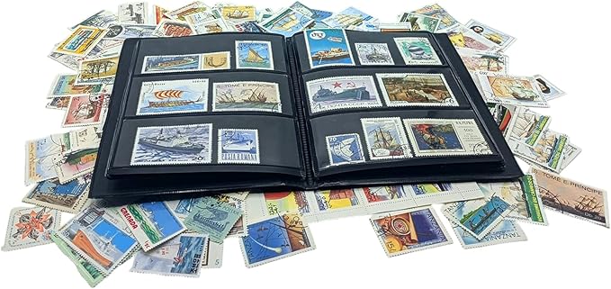 IMPACTO COLECCIONABLES – 100 Ship-Themed Stamps Collection with Included Album (5.5 x 7 x 0.4 in) | Enhance Your philatelic Collection with Authentic postmarked Stamps in a Compact and Elegant Album