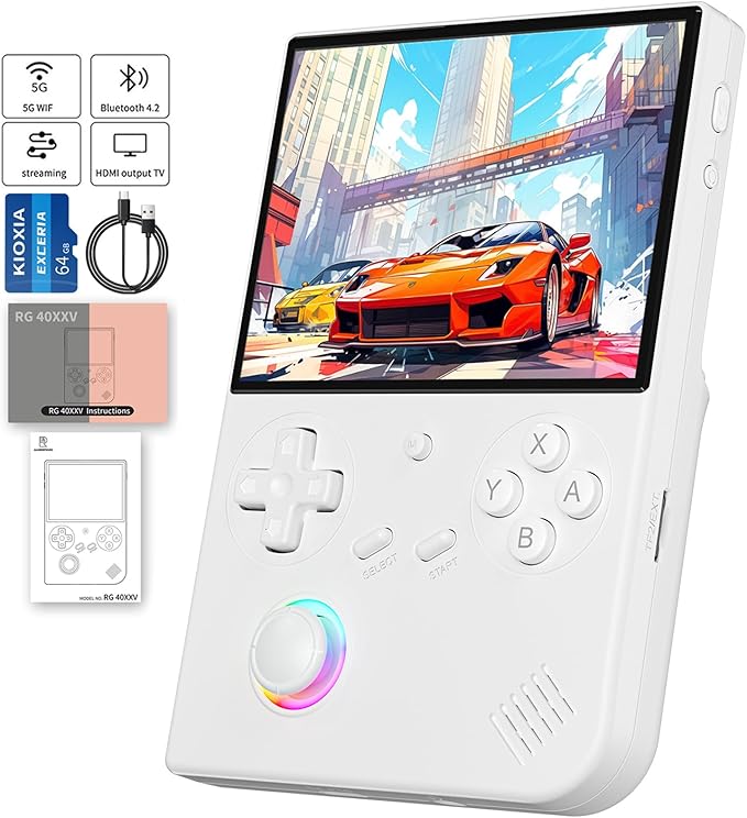 RG40XX V Handheld Game Consoles RG40XXV Retro Game Console Built-in 64G TF Card Preloaded Games 5000+ RG 40XXV Portable Gaming Console Linux 64-bit Supports WiFi Bluetooth HD Output White