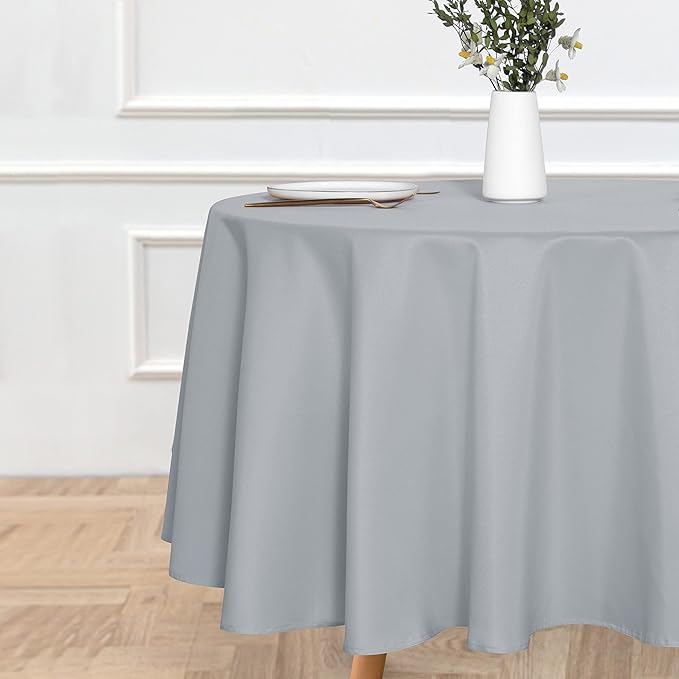 sancua Round Tablecloth - 90 Inch - Water Resistant Spill Proof Washable Polyester Table Cloth Decorative Fabric Table Cover for Dining Tables, Buffet Parties and Camping, Silver Grey