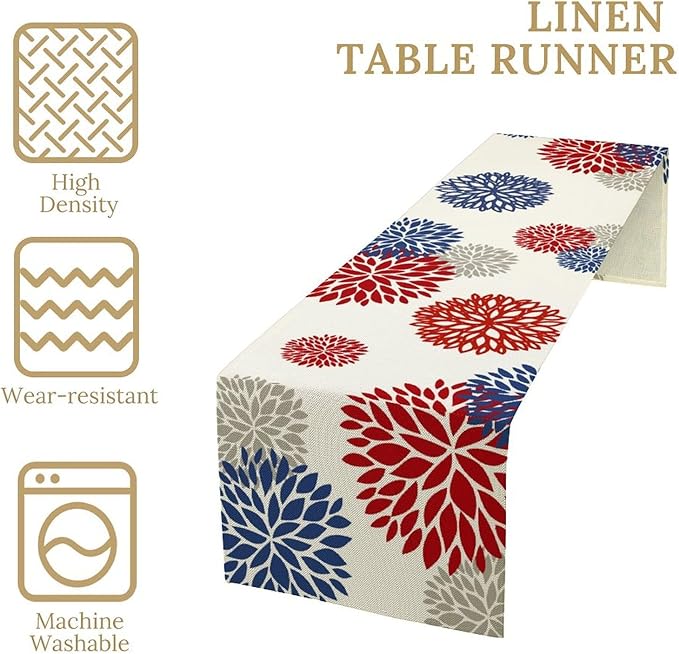 4th of July Table Runner, Blue Red Dahlia Flower American Patriotic Memorial Day Table Runner for Farmhouse Kitchen Dining Table Party Decor, 13x120inch