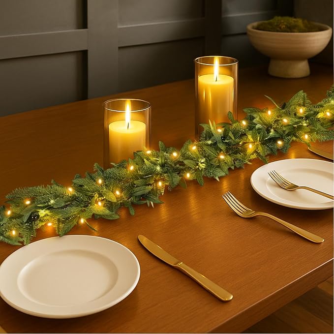 6.56 ft Christmas Artificial Olive Vine with Pine Garland with 9.84 ft LED Fairy Lights Battery Operated Green Dense Artificial Vines for Table Runner Center of Holiday Wedding Arch Party Mantle