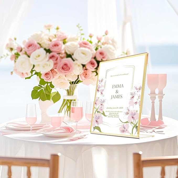 Acrylic Gold Frames 8 x10, Slanted Back Gold Picture Frames Table Acrylic Sign Holder for Photos Wedding Table Numbers and Art Display with Removable Clear Sticky Dots,3 Pack