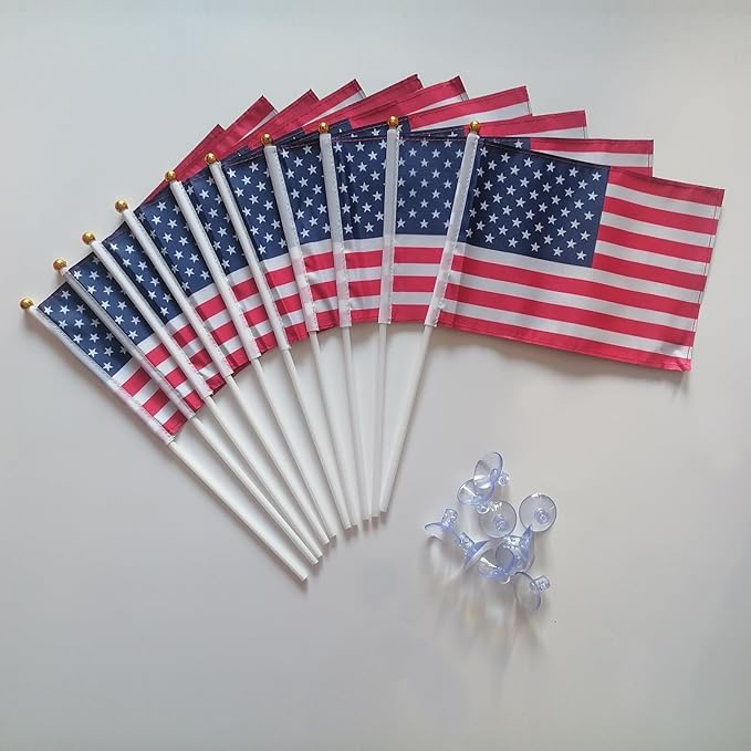 American Mini Flags with Suction Cup Handheld US Small Flags for Office Store Party Gardens Yards (single sided (set of 10))