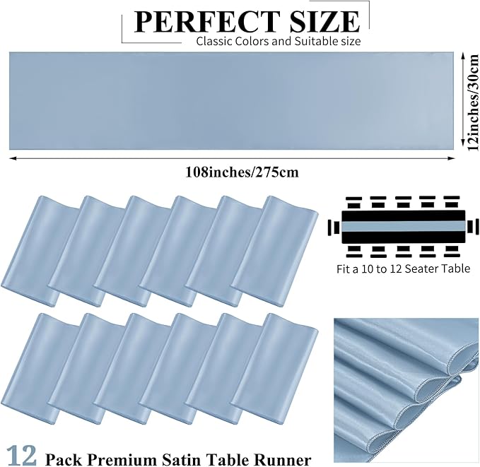 12 Pack Dusty Blue Satin Table Runner,12 x 108 inch Long Premium Smooth Table Runner for Wedding, Banquets, Birthday, Party, Graduation, Engagements,Table Runners fit Rectangle and Round Table