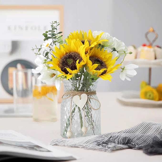 Artificial Sunflower Bouquets in Vase with a Flower Arrangement Holder - Centerpieces for Dining Room & Coffee Table Decor