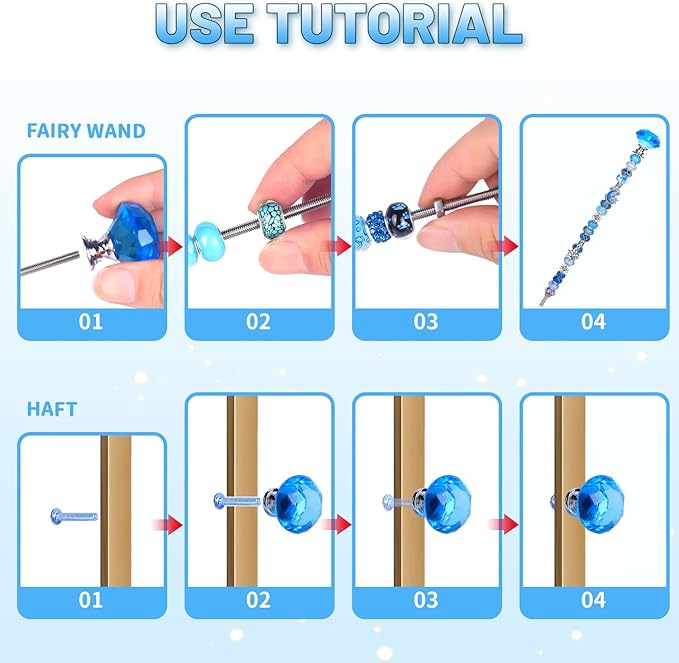 AIPRIDY 158 Pcs DIY Fairy Wand Garden Stakes Kit,Multiple Color Scheme European Beads Crystal Diamond Tops and 12 or 10 Inch Threaded Rods,Stainless Steel Stakes with Diamond Toppe(Sapphire Blue)