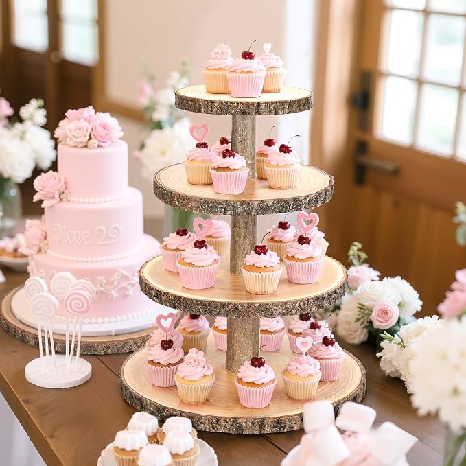 Wooden Cupcake Stand for 50 Cupcakes 4-Tier Dessert Tower Rustic Tiered Display Stand for Woodland Baby Shower Decorations, Farmers Market Decor, Wedding, Birthday, Graduation, Tea Party