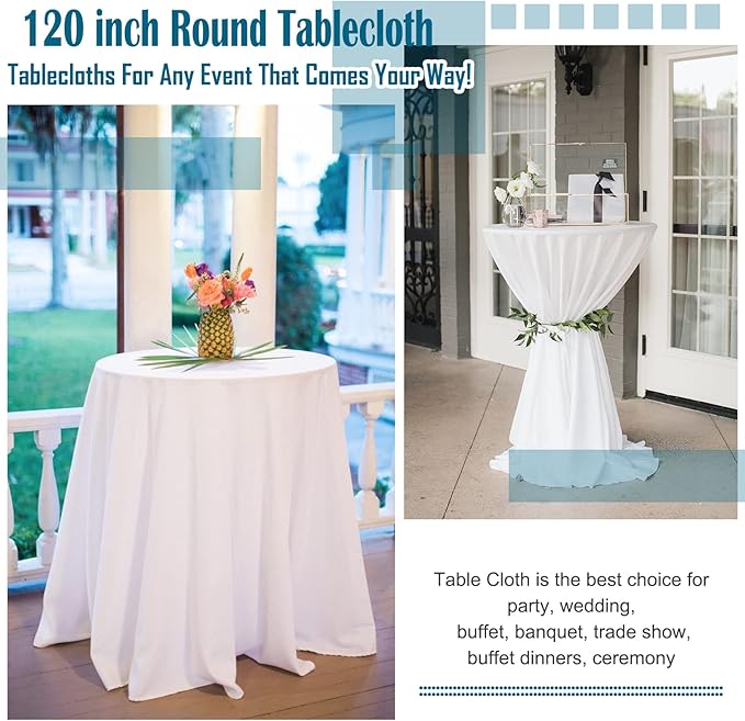 6 Pack Round Tablecloths - 120 Inch, White Polyester Table Cover, Stain and Wrinkle Resistant Washable Fabric Table Cloth, Polyester Tablecloth for Wedding Banquet Parties