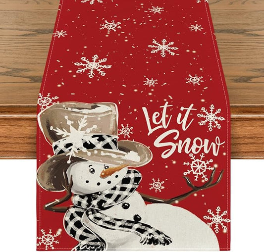 Artoid Mode Red Snowman Snowflake Let it Snow Winter Table Runner, Seasonal Christmas Kitchen Dining Table Decoration for Home Party Decor 13x60 Inch