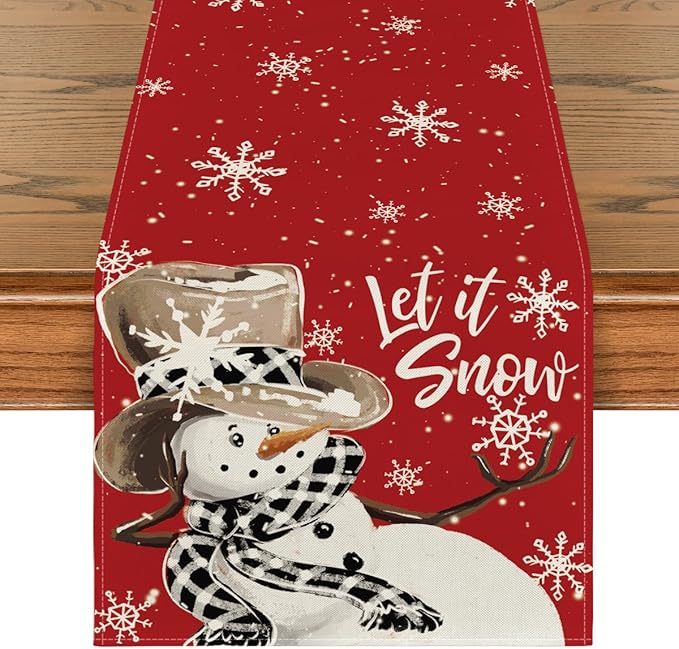 Artoid Mode Red Snowman Snowflake Let it Snow Winter Table Runner, Seasonal Christmas Kitchen Dining Table Decoration for Home Party Decor 13x108 Inch