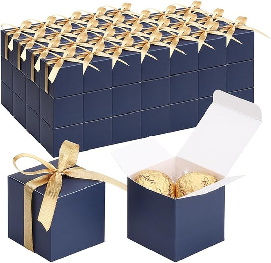 EUSOAR Favor Boxes, 120pcs 2x2x2 Inches Royal Blue Small Treat Boxes Mini Cookies Container with Gold Ribbon, Paper Cube Macaron Candy Box Soap Storage for Wedding Birthday Party DIY Supplies