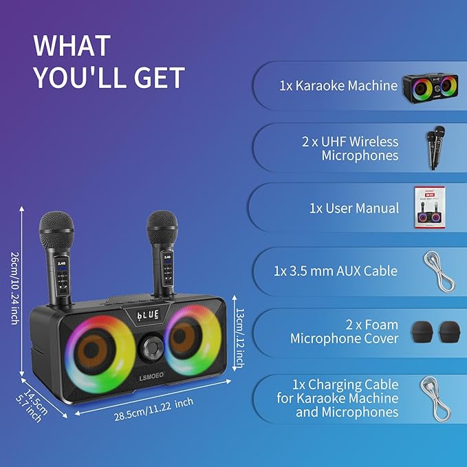 Karaoke Machine for Adults and Kids with 2 UHF Wireless Microphones,Portable Bluetooth Speaker PA Speaker System with LED Party Lights for Home Party, Picnic,Car,Outdoor/Indoor/Birthday Gifts