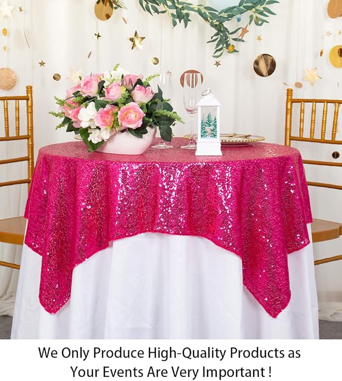 ShinyBeauty Sequin Tablecloth 54x54 Inches - Hot Pink Glitter Table Cover for Dining, Birthday Wedding Party Decorations, Reusable Sparkling Table Overlay Event Decoration