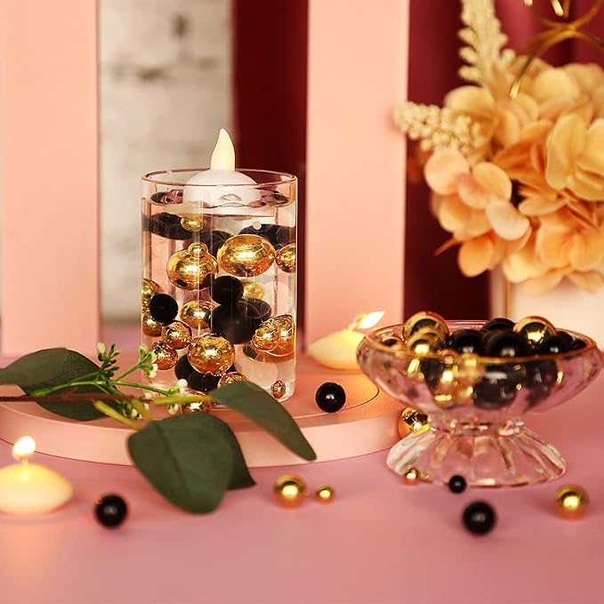 150 Pieces Vase Filler Faux Pearls Vase Makeup Beads No Hole Gloss Bead Mixed Sizes Round Pearl for Home Party Wedding Decor, 8/14/20 mm(Gold, Black)