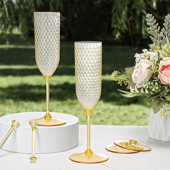 XUWAIDSGN 48 Pack Amber Detachable 2 piece Champagne Flutes 5.5 Oz Unbreakable Plastic Mimosa Disposable Champagne Glasses Drinking Cups Stemmed Reusable Wine Toasting Glasses for Wedding