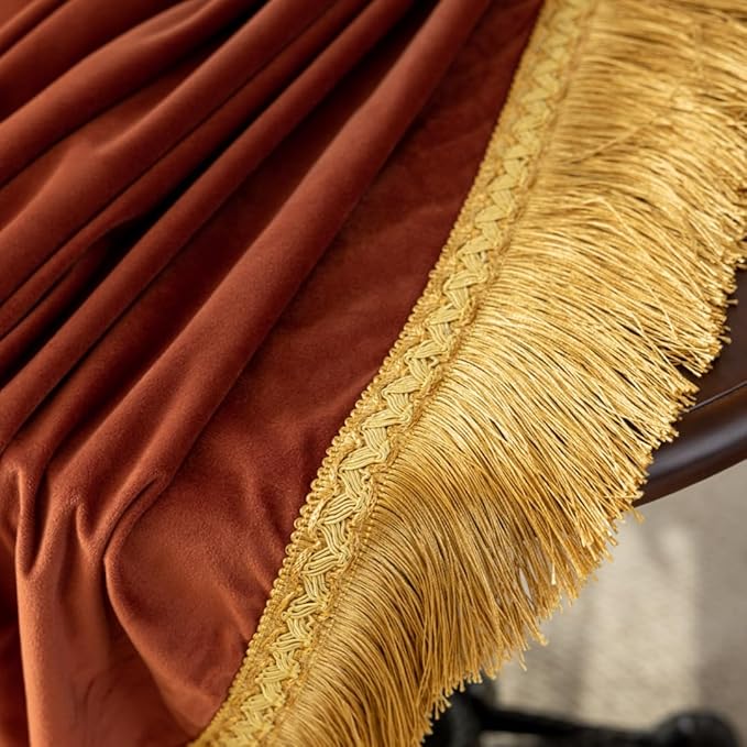F-CHU Luxury Burnt Orange Tablecloth Thickset Velvet Tablecloth with Beautiful Gold Vintage Tassels Table Cloth for Home Decor Wedding, Party, Banquet and Events 48" Round