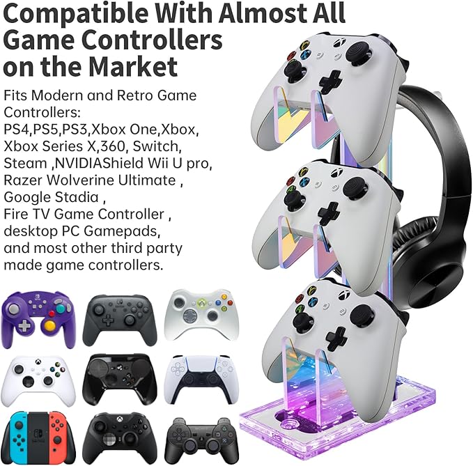 NiHome Iridescent Acrylic Multi-Tier Game Controller & Headset Holder Stand with Customizable LED Lighting, USB-Powered 7 Colors & 3 Modes, Anti-Slip Gaming Desk Organizer & Cable Management (3 Tiers)