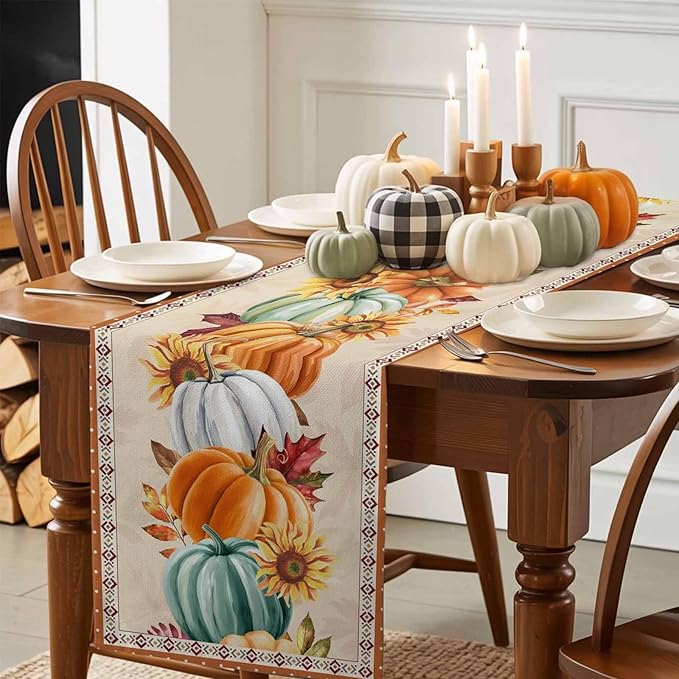 Fall Thanksgiving Southwest Cotton Linen Table Runner for Dining Kitchen, Orange Pumpkins Wedding Outdoor Party Rustic Tablerunners Decoration, Sunflower Dresser Scarf Tablecloth Runners 13x36 Inches