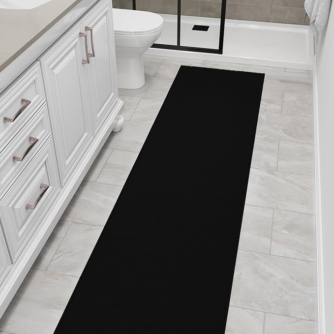 Ottomanson 2x20 Non Slip Extra Long Hallway Runner Rug with Rubber Backing - Solid Modern Kitchen Rug for Bedroom or Living Room, Black, 2' x 20'
