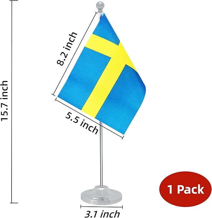 Sweden Desk Flag, Swedish Table Office Flag with Metal Pole and Stand Base, International Country Flags, Festival Event Celebration, Classroom Meeting Desktop Decor (Sweden)