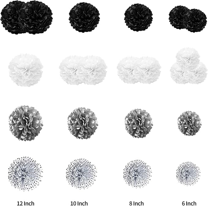 Tissue Paper Pompoms Paper Flower 22 Pcs Black,Silver, Polka Dot, White Paper Flower Ball for Birthday Bachelorette Wedding Baby Shower Bridal Shower Party Decoration (Pack of 2)