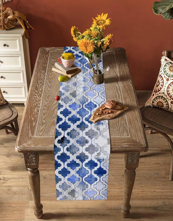 Blue Morocco Plaid Cotton Linen Table Runner for Dining Kitchen, Wedding Outdoor Party Tablerunners Decoration, Distressed Abstract Painted Vintage Dresser Scarf Coffee Tablecloth Runners 13x60 Inches