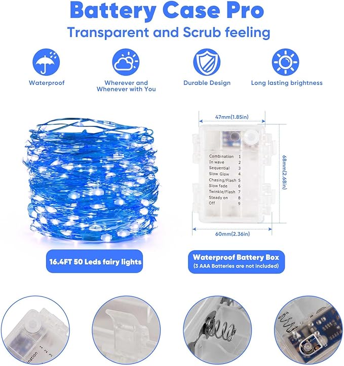4 Pack 16.4 Ft. Battery Operated Outdoor String Lights with Remote & Timer, LED Blue Fairy Lights, Waterproof Twinkle Lights for Bedroom, Dorm, Mason Jar, Wedding, Party, Christmas