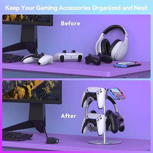 DGPCT Controller Stand Compatible with Xbox PS5 PS4 Nintendo Switch Pro, 2 Tiers Aluminum Headset Holder, Gaming Headphone and Controller Holder Organizer Rack, Universal & Stable (Silver)