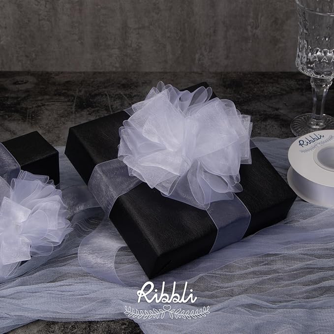 Ribbli White Sheer Organza Ribbon,1 Inches x Continuous 50 Yard Use for Gift Wrapping,Bouquet Wrapping,Wedding Decoration,All Crafting and Sewing