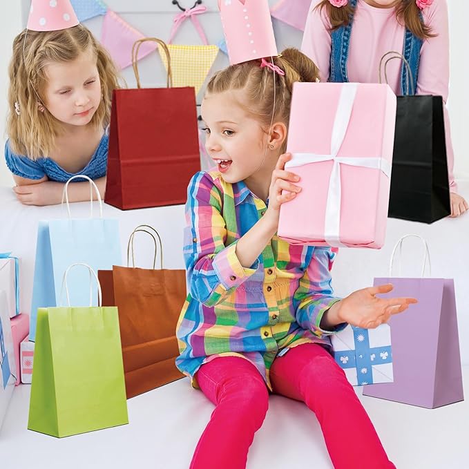 BAG BOX 100 Pack 8.3 * 4.3 * 10.6 Inch Purple Gift Bags with Handles,Bulk Kraft Paper Bags for Shopping, Retail, Merchandise, Wedding, Party Favors, Paper Grocery Sacks