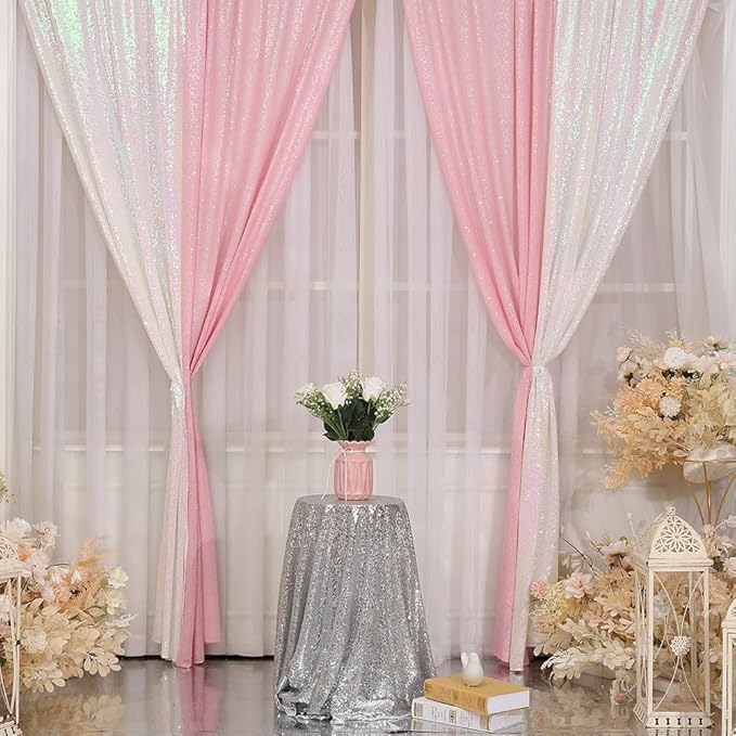 SquarePie Sequin Curtain 2FT x 8FT Pink 2pcs Backdrop Sparkly Wedding Valentine's Day Party Decoration