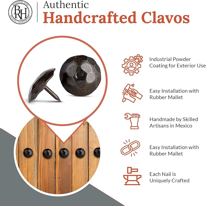 50 Pack 1.25" Round Head Iron Clavos Decorative Nails – Sealed Unfinished – Handmade Rustic Round Fasteners for Farmhouse Shutters, Faux Wood, Barn Doors, Shutters, Gates – Ornamental Wood Accent
