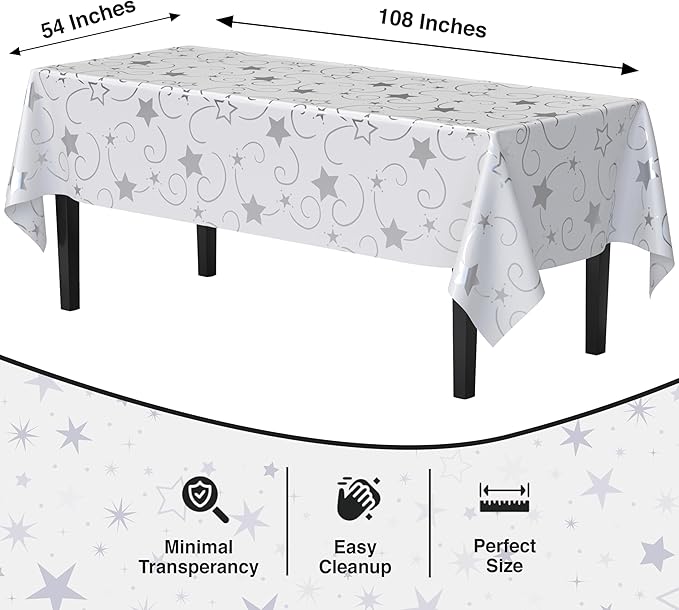 Exquisite Silver Star Tablecloth Plastic 12-Pack Disposable Rectangle Tablecloths 54" x 108" Silver Star Table Cloths Rectangle Table Covers Plastic Tablecloth for Party Decorations