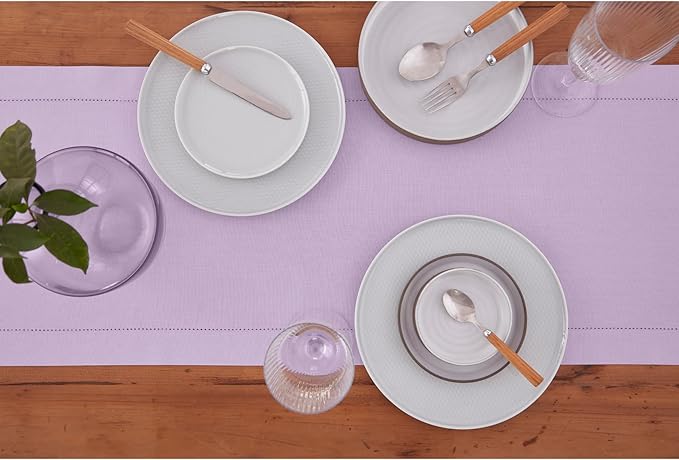 Solino Home Cotton Linen Table Runner 48 Inches - Lavender Ice Hemstitch Table Runner 14 x 48 Inch Ideal for Dresser and Coffee Tables