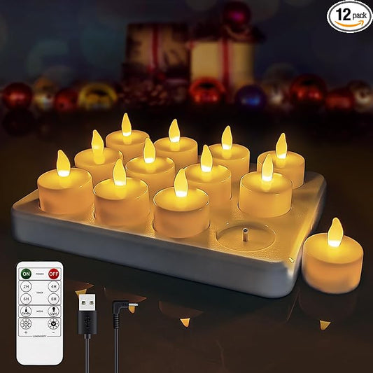 Rechargeable Tea Lights,Flameless LED Candles with Remote Timer,Battery Operated Tea Lights Flickering Votive Candle,for Home Restaurant,Holiday Party (12 Pack)