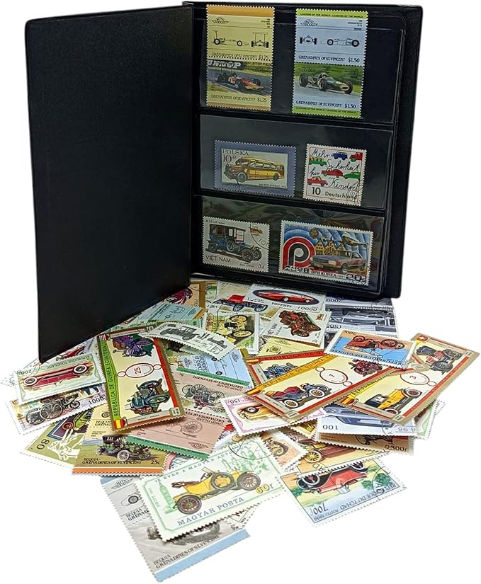 IMPACTO COLECCIONABLES – 100 Car-Themed Stamps Collection with Included Album (5.5 x 7 x 0.4 in) | Enhance your philatelic collection with authentic postmarked stamps in a compact and elegant album
