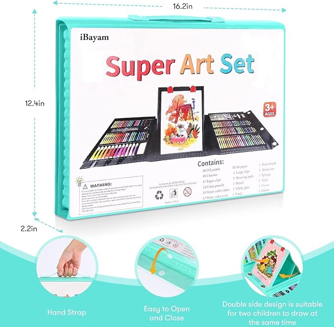 Back to School Supplies for Kids Teen Girls Boys, Art Set Case with Trifold Easel, Scratch Paper, Sketch Pad, Coloring Book, Crayons, Pencils, Oil Pastels, Watercolors, Sharpener