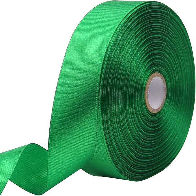 Green Solid Satin Ribbon 1 Inch 50 Yards Solid Polyester Fabric Ribbon for Gift Wrapping Wedding Christmas Baby Shower Birthday Party Decoration Handmade Immortal Flower Craft