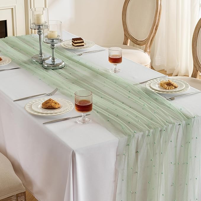 Fanami 1 Pack Pearl Table Runner -10FT Sage Green Boho Tulle Table Runners 120 Inches Long Rustic Sheer Lace Fabric Centerpieces for Wedding Arch Birthday Party Bridal Veil Baby Shower Decorations