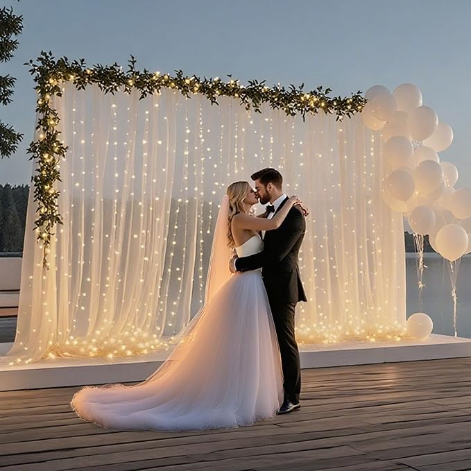 10×10ft Tulle Backdrop Curtains with Lights String - 300LED Fairy Lights Sheer Curtain Backdrop for Weddings Baby Shower and Birthday Party Decorations(2 Panels 5×10ft)