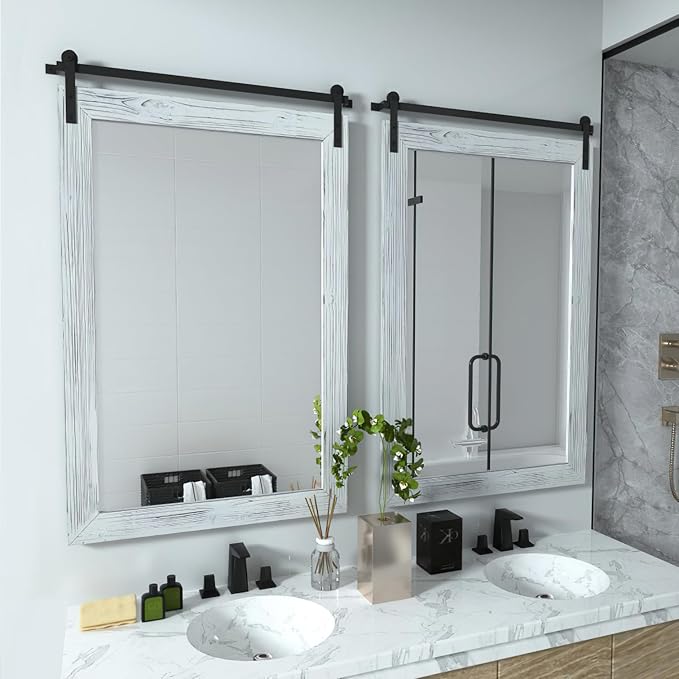 COGOOD Farmhouse Barn Door Mirror - 38" x 25" Rustic Wood Framed Wall Mirror for Bathroom, Living Room, Entryway Wall Decorative (White)