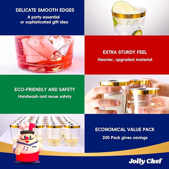 JOLLY CHEF 200 Pack 12 oz Gold Plastic Cups Elegant Gold Rimmed Disposable Cups Heavy-Duty Party Cups for Wedding & Party