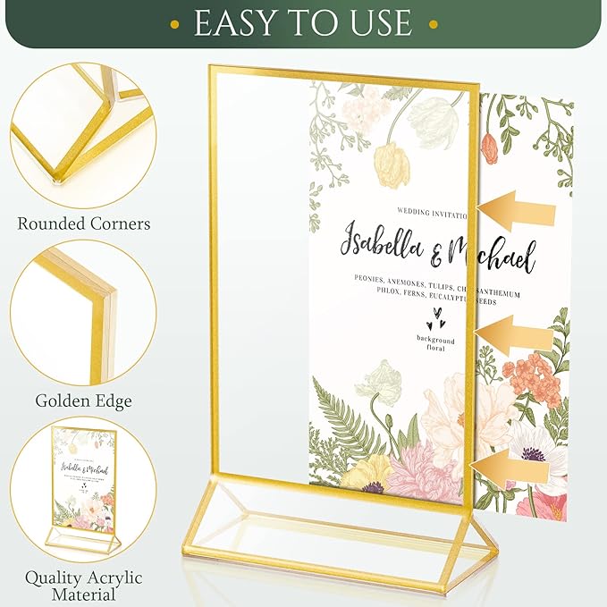 24 Pack Gold Picture Frames 5 x 7 Inch Clear Acrylic Sign Holders Double Sided Display Frames Bulk with Stand 2 mm Gold Border for Table Numbers Wedding Party (Vertical)