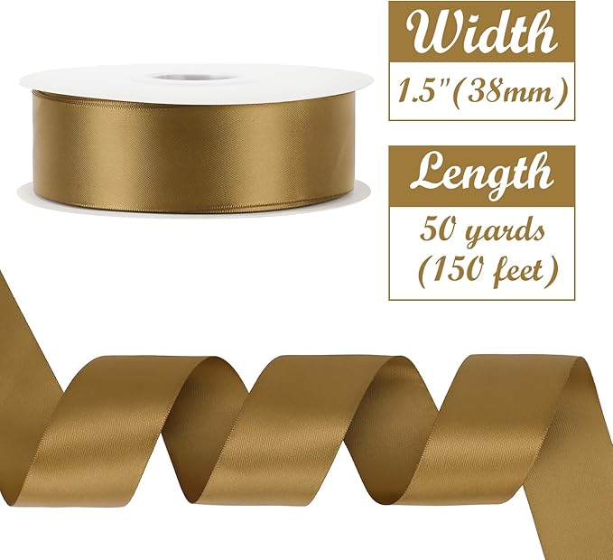 HUIHUANG Golden Brown Ribbon 1-1/2 inch x 50 Yards Luxury Double-Faced Satin Ribbon for Gift Wrapping Crafts Bows Holiday Home Decor Wedding Decoration Flower Bouquets